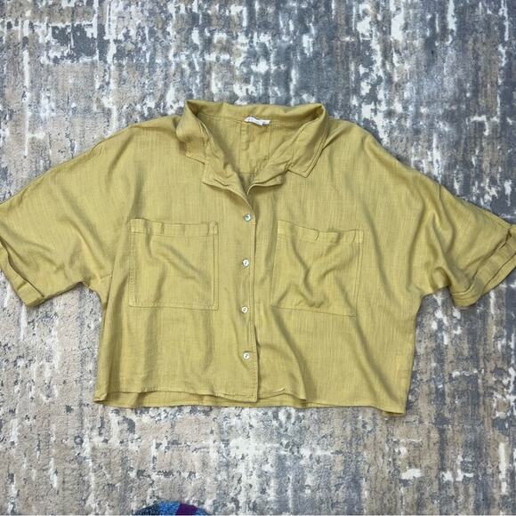 Chic Soul Mustard Yellow Linen Button Up Summer Blouse 1x - Picture 1 of 6